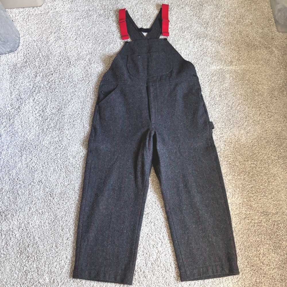 Vintage Woolrich Malone Gray Plaid Wool Bib Overalls Mens L Heavyweight